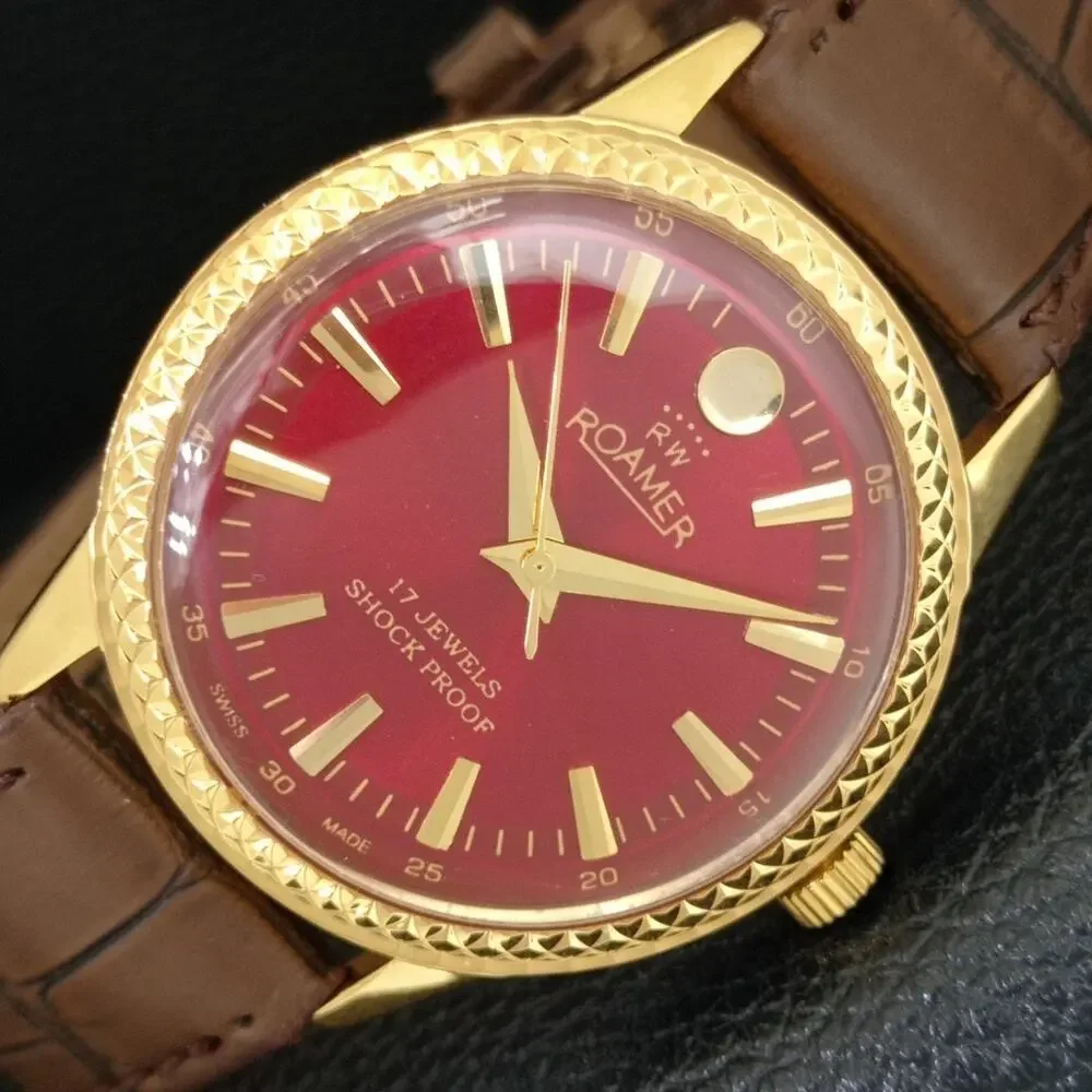 Vintage 1977 Roamer Manual Mens Gold Watch W/Leather Strap & Red accents